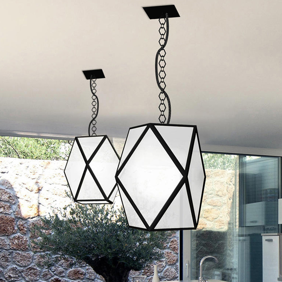 Contemporary outdoor pendant lighting hung on a terrace, providing warm decorative illumination.