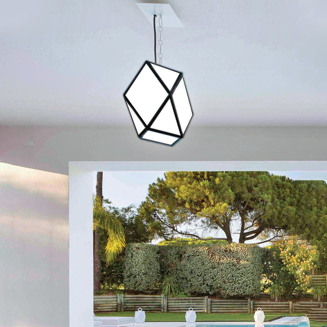 Geometric contemporary outdoor pendant lighting installed in an exterior environment with natural scenery.