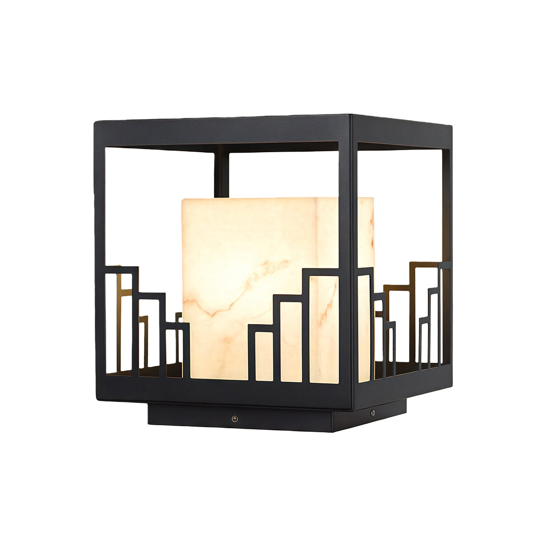Contemporary outdoor pillar light with glass shade chandelier styling in cubic design with illuminated frosted glass panel center.