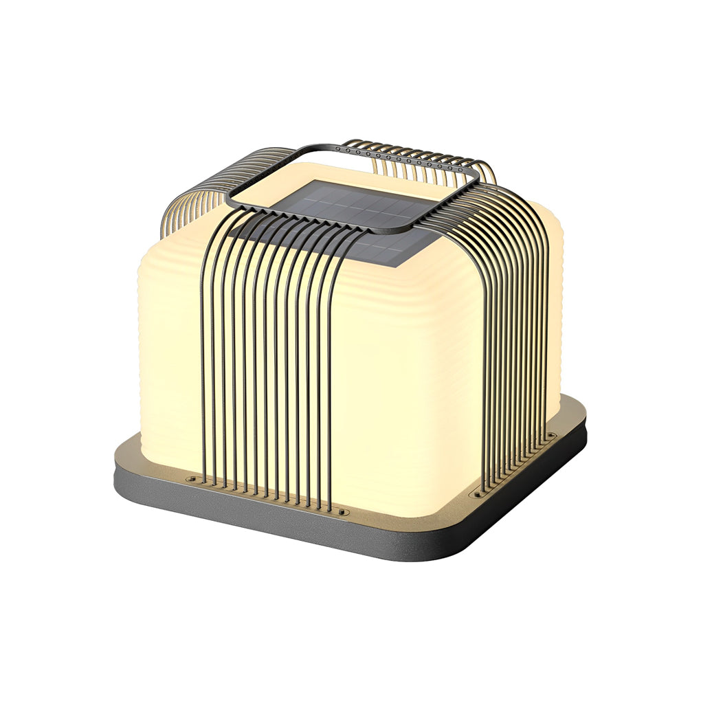 Contemporary outdoor pillar lights with a close-up of their illuminated structure at night.