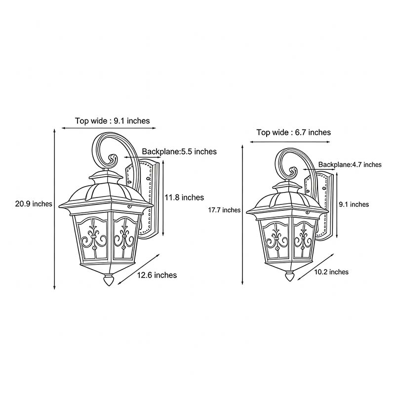 Contemporary outdoor wall light dimension diagram showing height and width measurements.