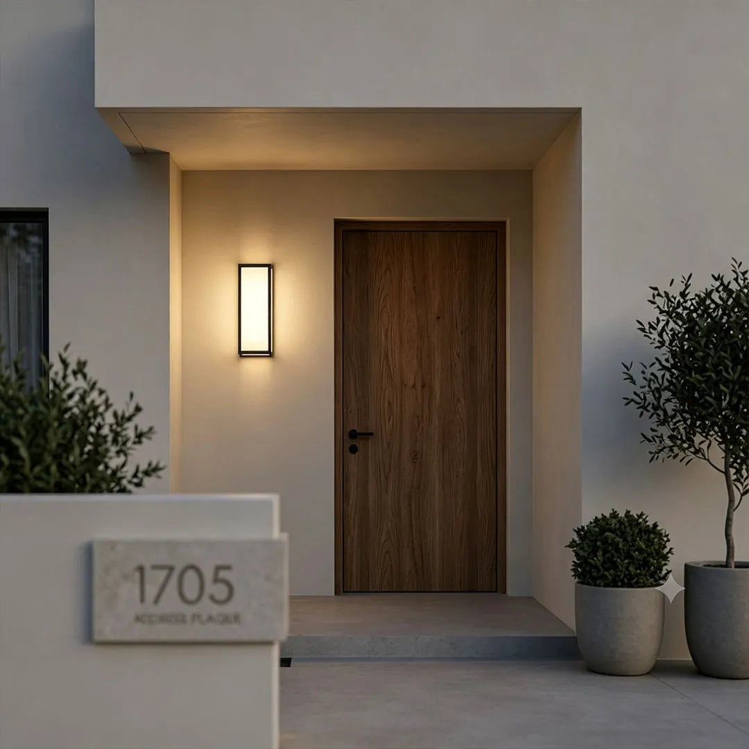 Contemporary outdoor wall light beside a modern front door with a clean minimalist entry design.