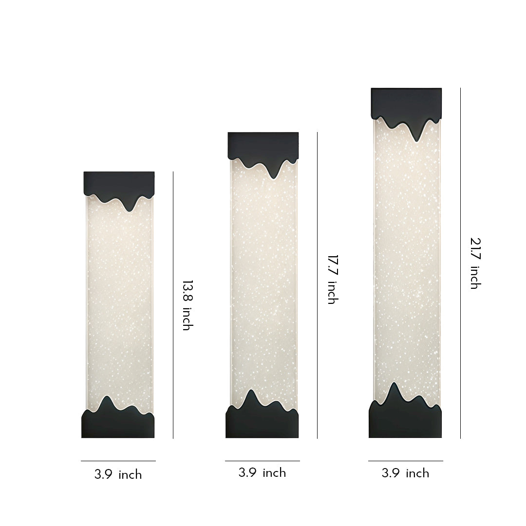 Contemporary outdoor wall lighting black linear sconces in three sizes with waterfall light effect on white background