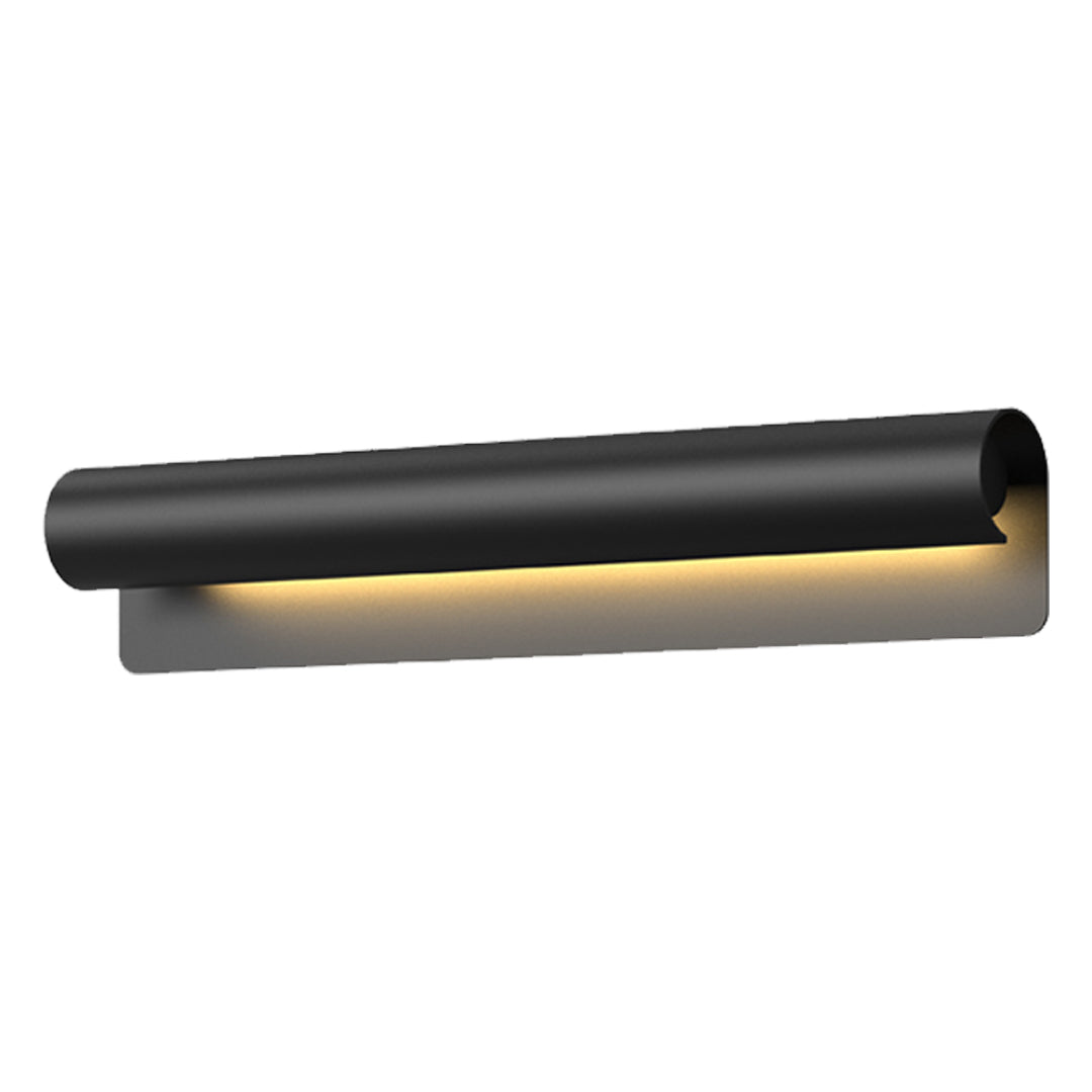 Contemporary outdoor wall lighting copper sconce featuring elongated black cylinder with warm copper base illumination
