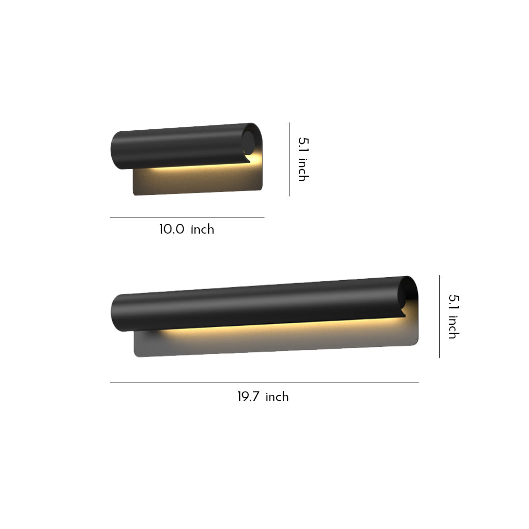 Contemporary outdoor wall lighting copper sconces in two sizes with cylindrical black design and warm base glow
