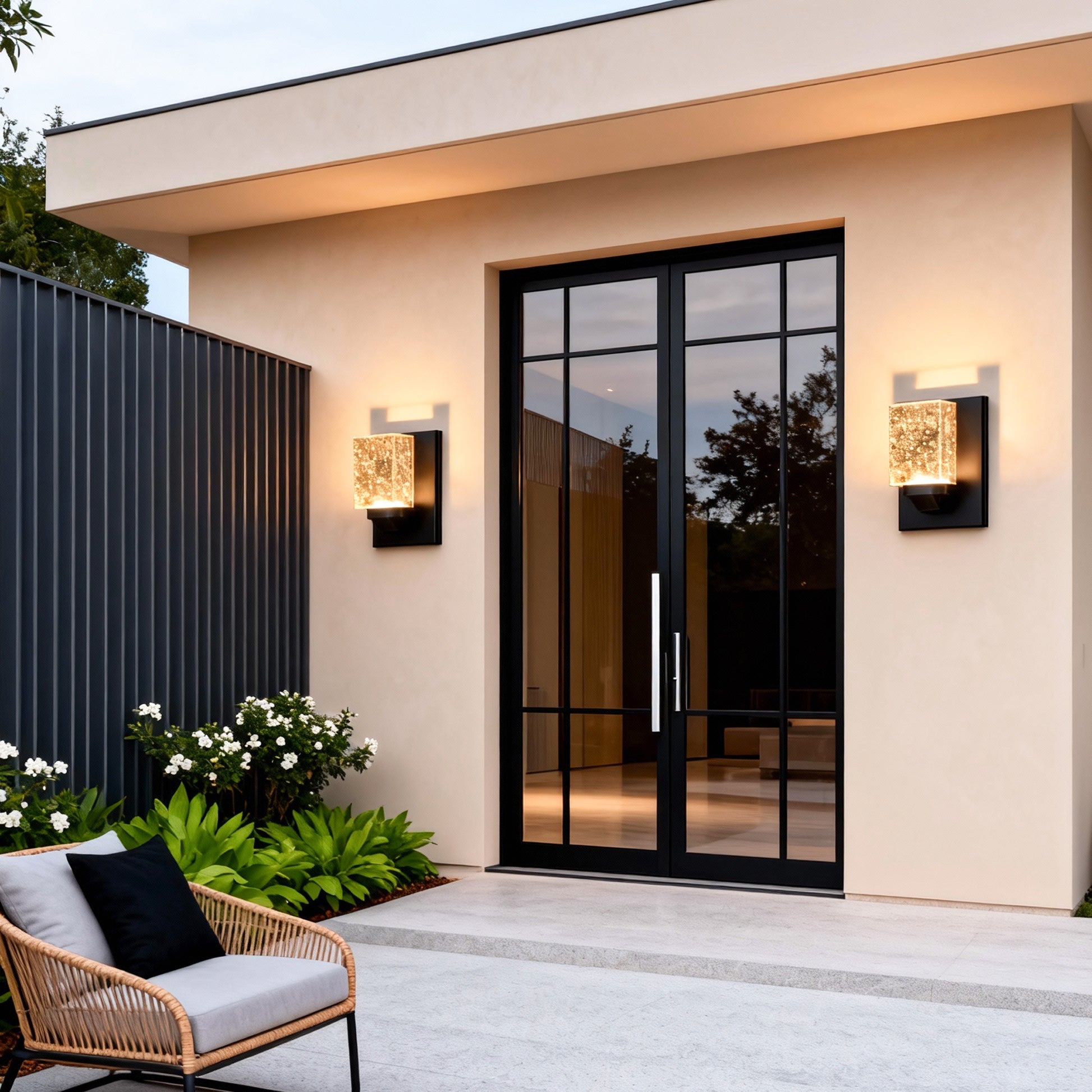 Contemporary outdoor wall lighting crystal fixtures flanking modern home entrance with black frame windows