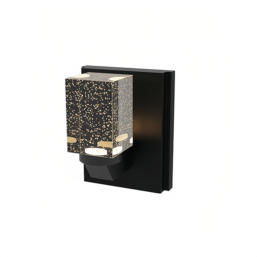 Contemporary outdoor wall lighting featuring crystal wall sconce with modern black cubic housing
