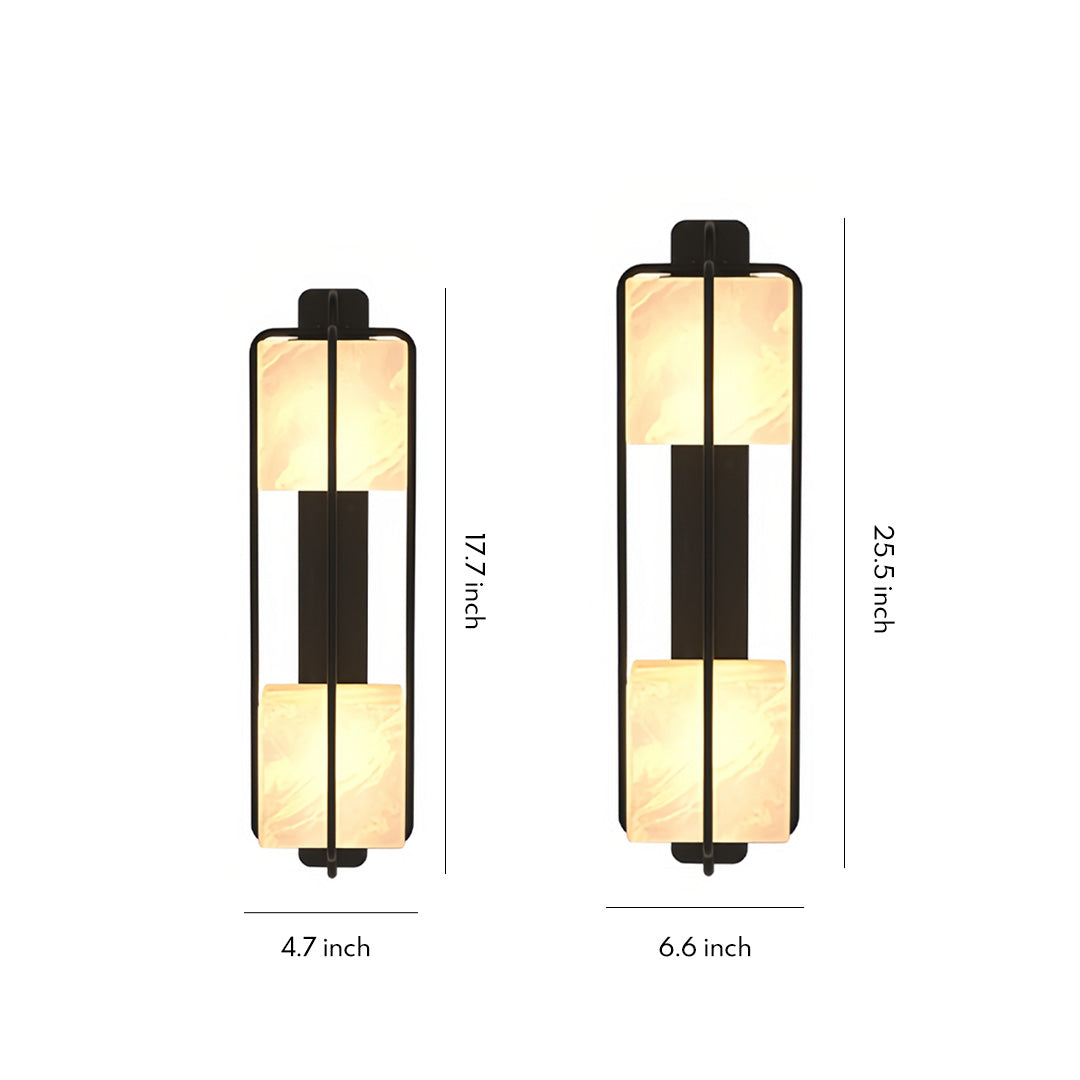 Contemporary outdoor wall lighting fixture with dual illuminated cylinders and black metal frame on white background
