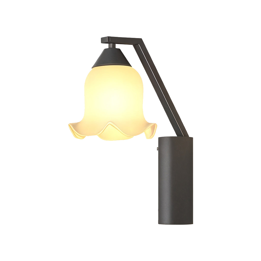 Contemporary outdoor wall lighting flower sconce featuring frosted floral glass shade with modern black bracket design