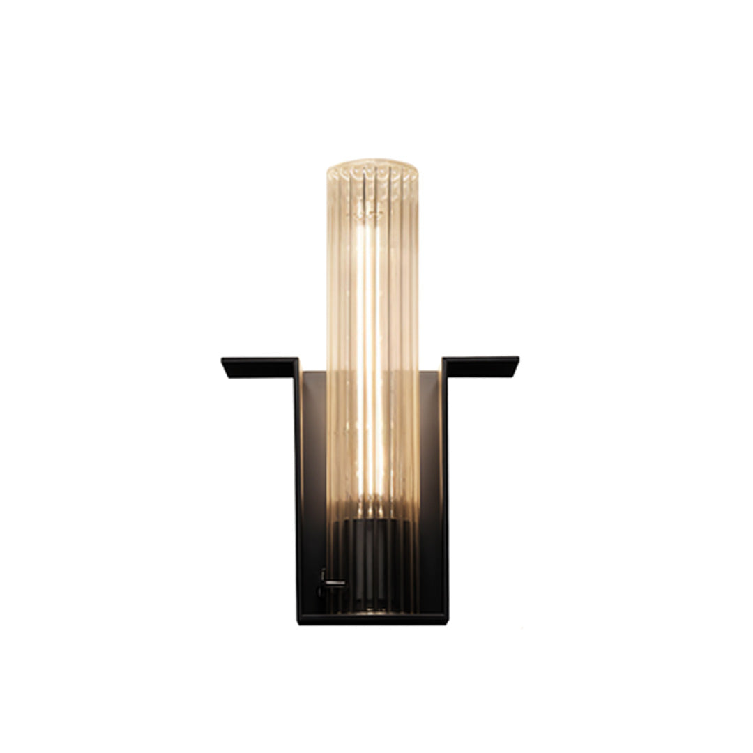 Contemporary outdoor wall lighting fixture featuring fluted glass cylinder with modern black frame design