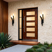 Contemporary outdoor wall lighting large fixtures pair illuminating modern entrance with wooden door and stone wall