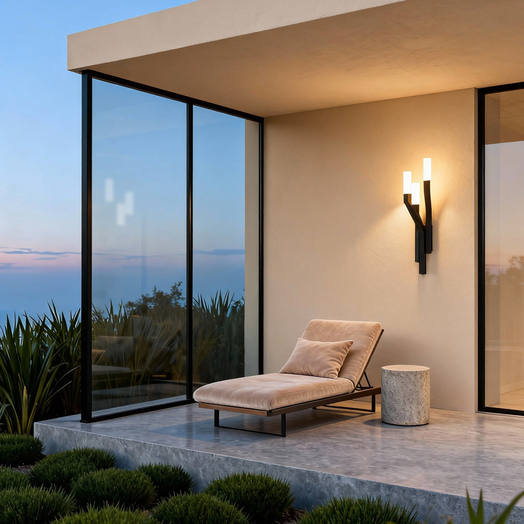 Contemporary outdoor wall lighting large sconces creating warm ambiance in modern interior with ocean view