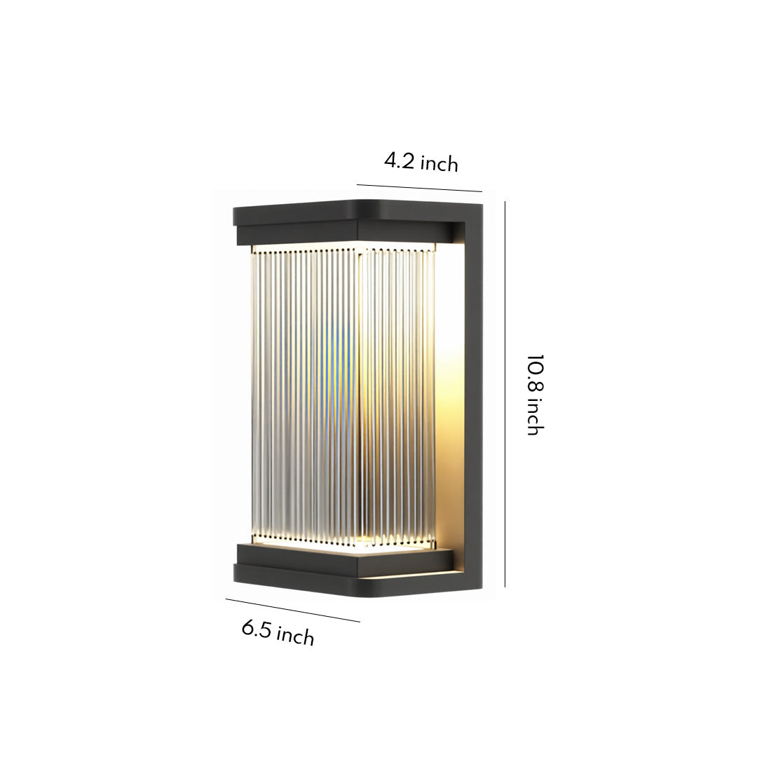 Contemporary outdoor wall lighting with modern linear design featuring vertical glass rods and black frame