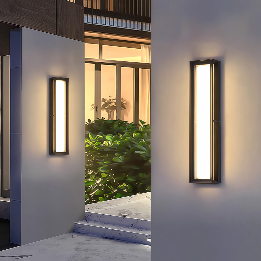 Contemporary outdoor wall lighting wall mounted linear lights illuminating modern white exterior corridor at evening