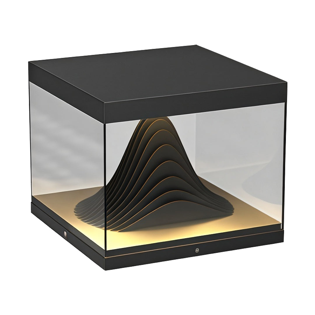 Contemporary outdoor wall lighting pillar fixture with modern black frame and dramatic internal geometric illumination