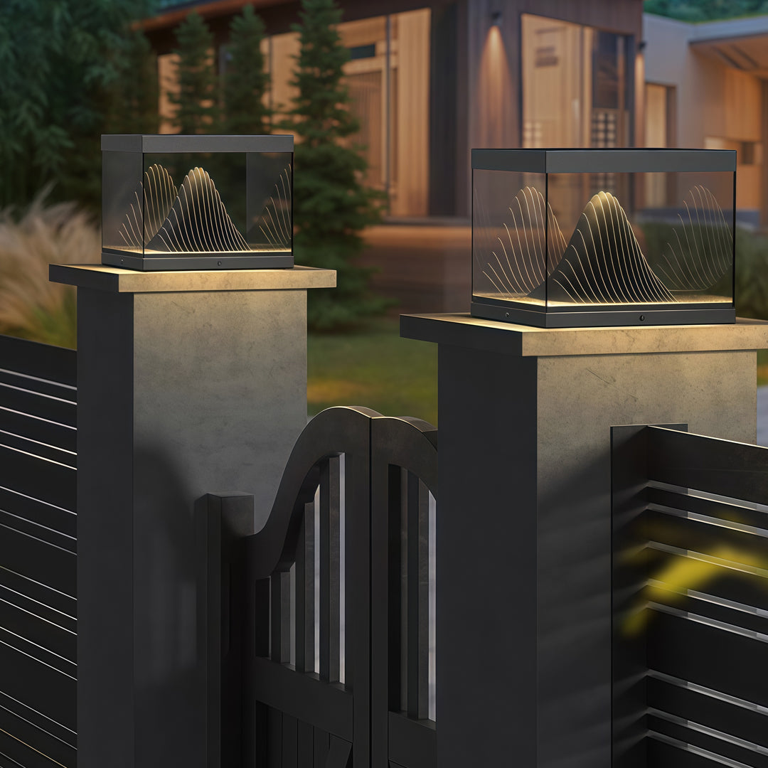 Contemporary outdoor wall lighting pillar fixtures on modern concrete pillars beside pool at twilight blue hour