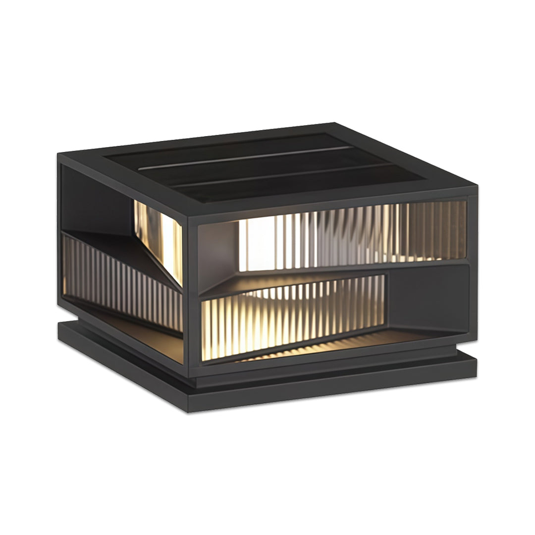 Contemporary outdoor wall lighting pillar LED light with geometric black frame and ribbed illumination panel