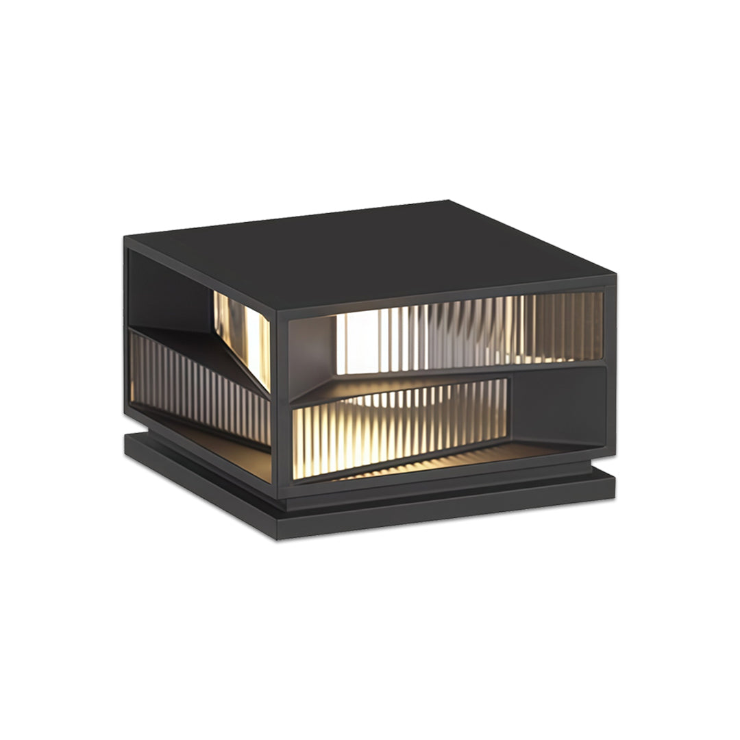 Contemporary outdoor wall lighting pillar LED fixture with horizontal slat design and black housing