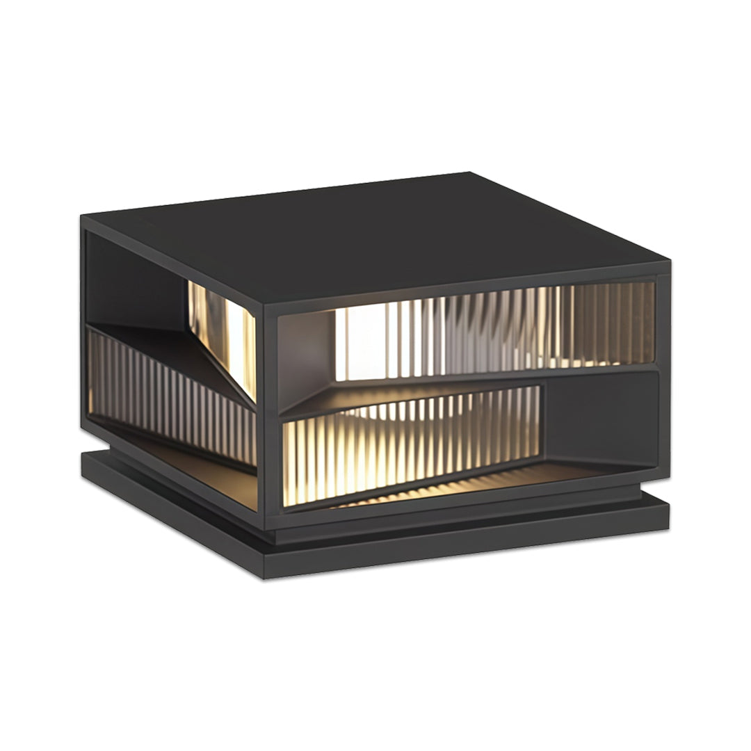 Contemporary outdoor wall lighting pillar LED light featuring rectangular black frame with linear glass panels