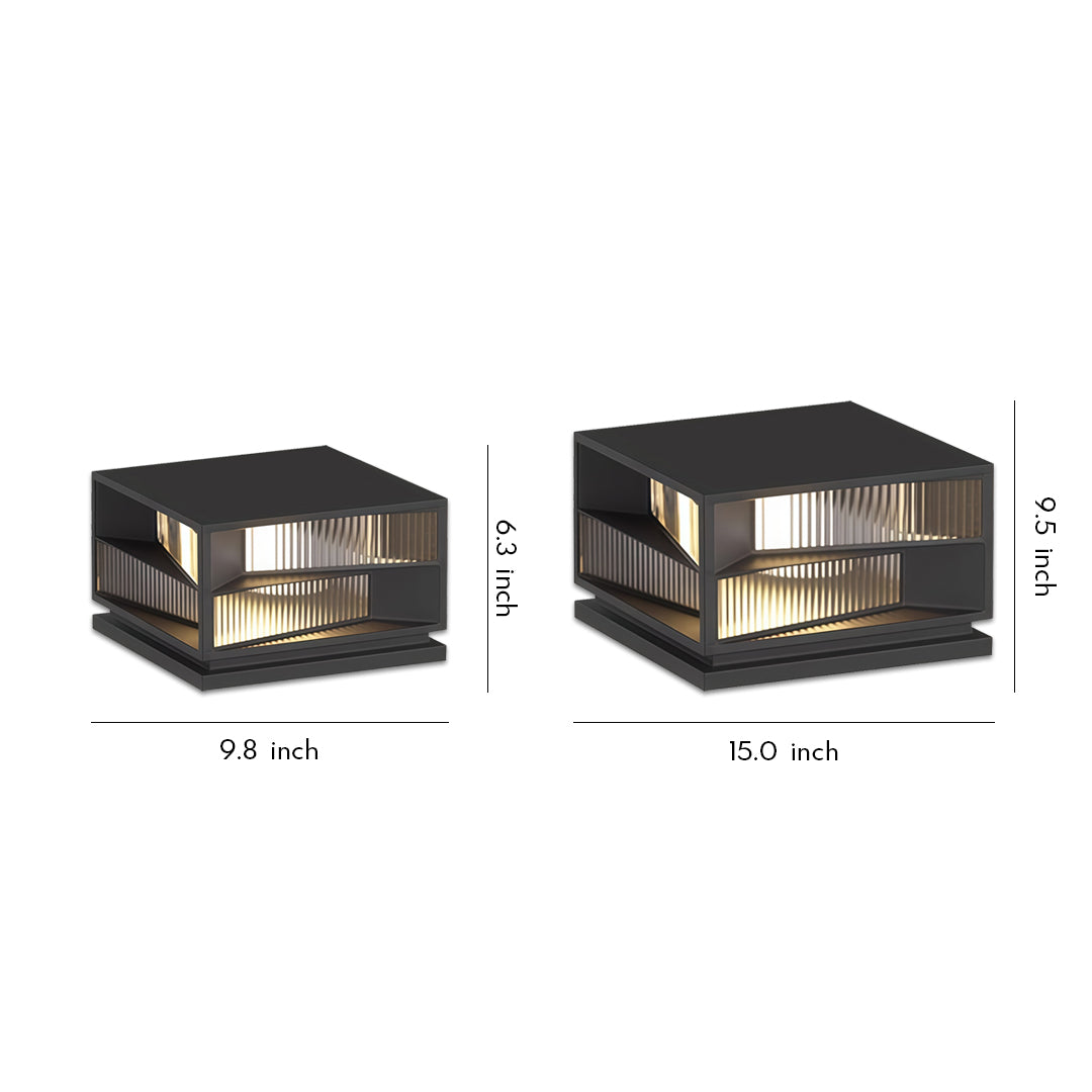 Contemporary outdoor wall lighting pillar LED lights in two sizes with black frame and vertical glass rods