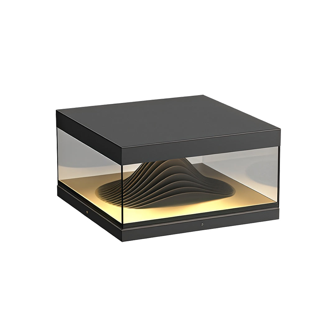 Contemporary outdoor wall lighting pillar fixture with textured black mesh cap and geometric pyramid interior design