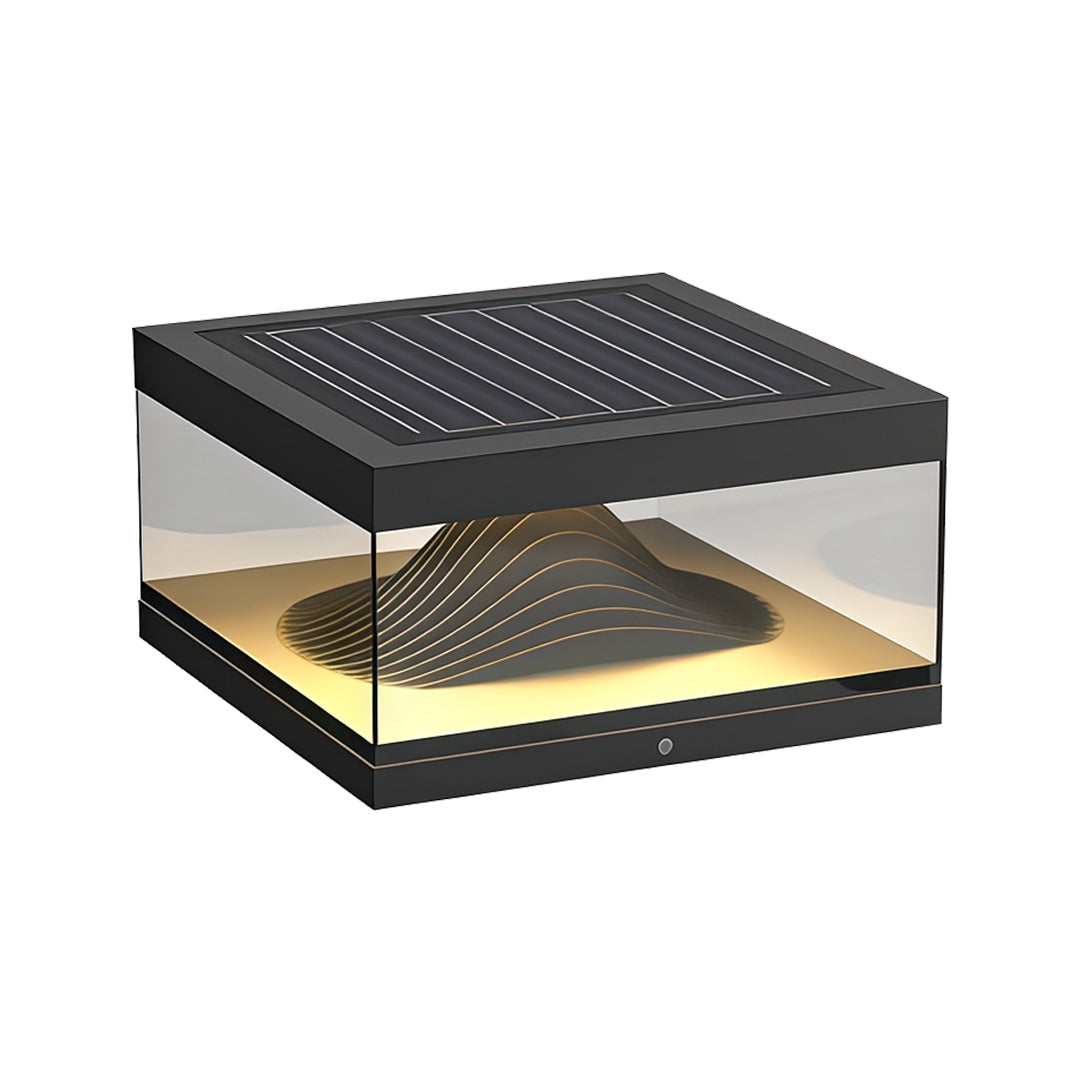 Contemporary outdoor wall lighting pillar fixture with perforated black cap and architectural geometric light display