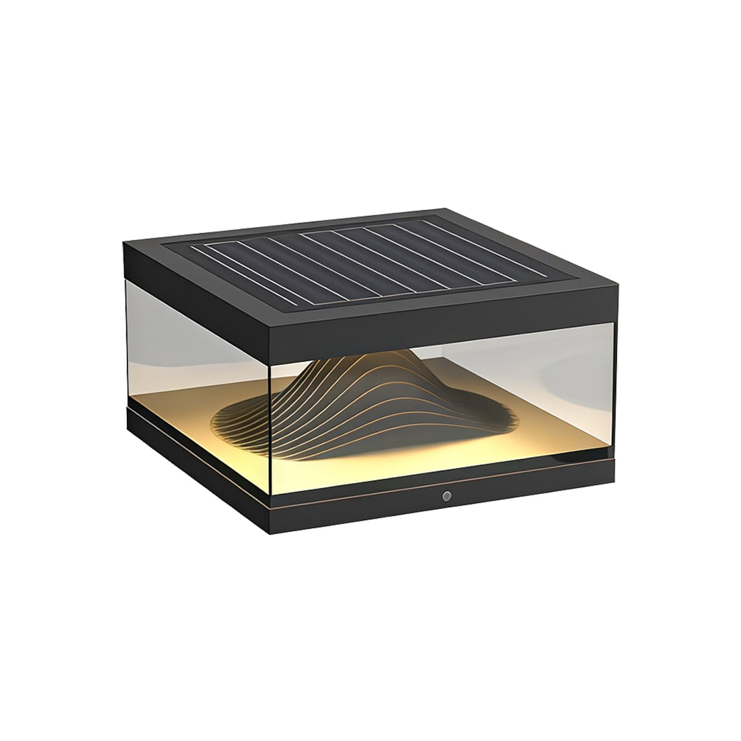 Contemporary outdoor wall lighting pillar fixture in sleek black with textured top and warm glowing base
