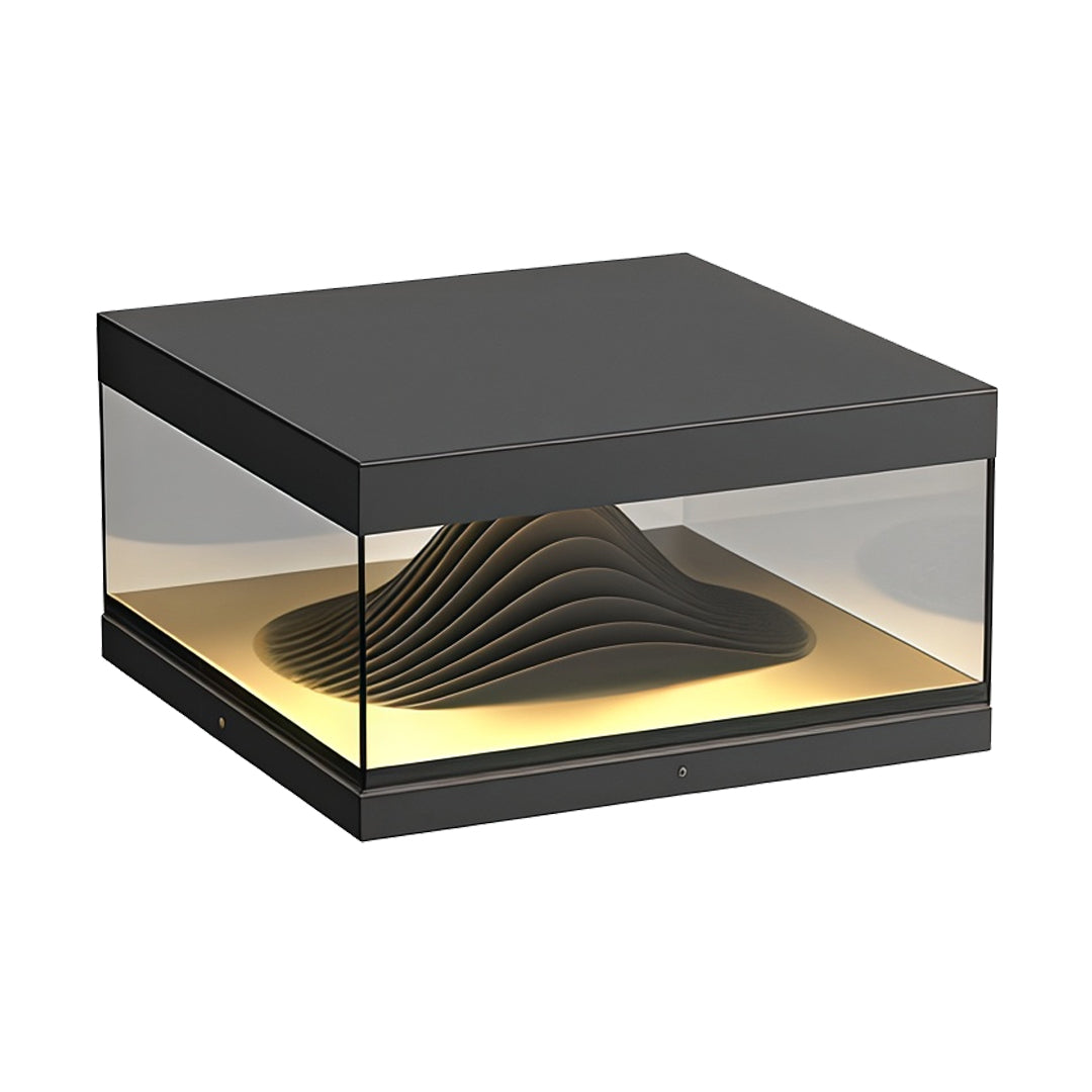 Contemporary outdoor wall lighting pillar fixture with contemporary square design and dramatic internal pyramid illumination