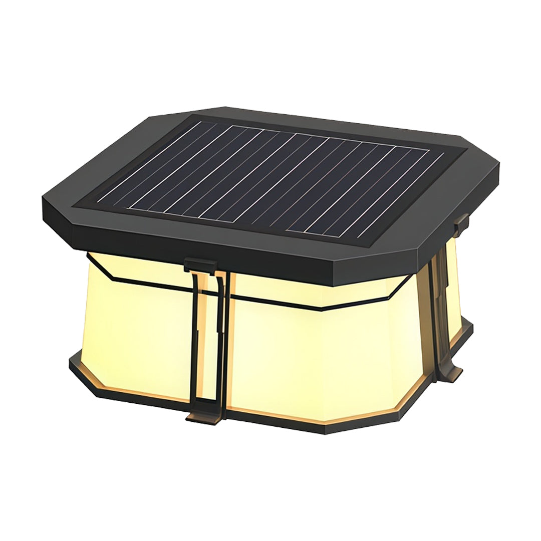 Contemporary outdoor wall lighting pillar top light featuring sleek black cap with glowing frosted glass base