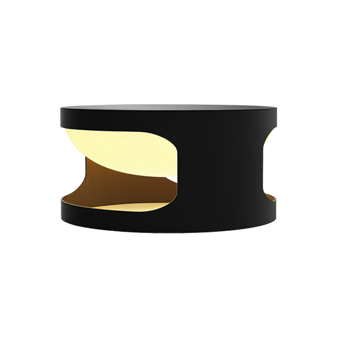 Contemporary outdoor wall lighting for pillar tops featuring modern black cylinder with curved light emission slot