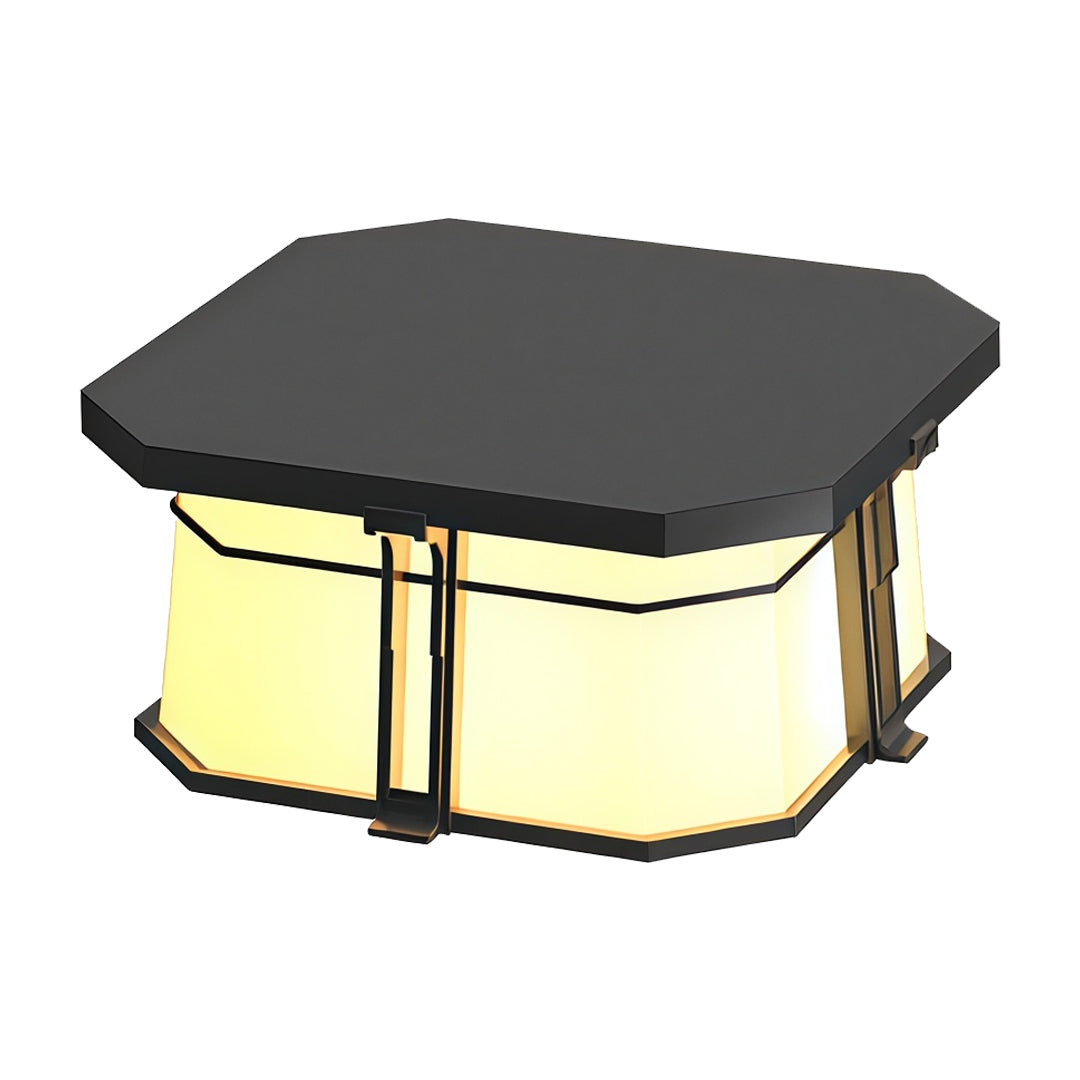 Contemporary outdoor wall lighting pillar top fixture with geometric frosted glass panels and dark canopy