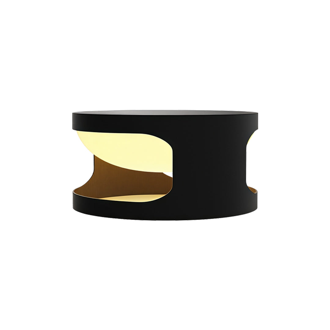 Contemporary outdoor wall lighting pillar top fixture with sculptural black housing and crescent illumination opening