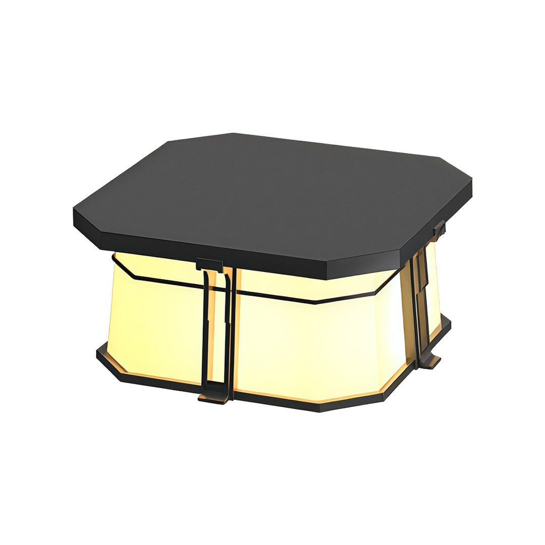 Contemporary outdoor wall lighting for pillar tops featuring square frosted glass shade with black frame