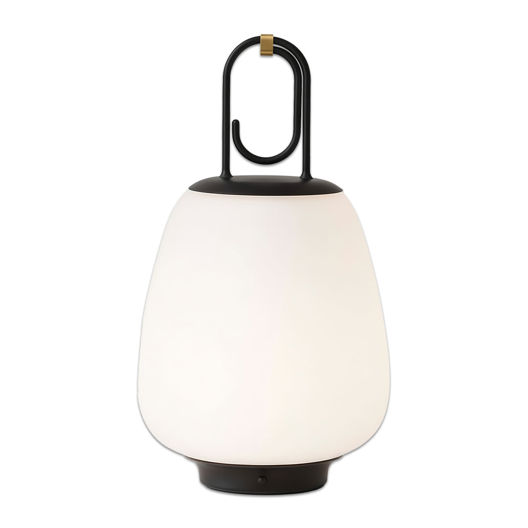 Contemporary outdoor wall lighting portable table lamp featuring modern lantern style with white glass and black frame
