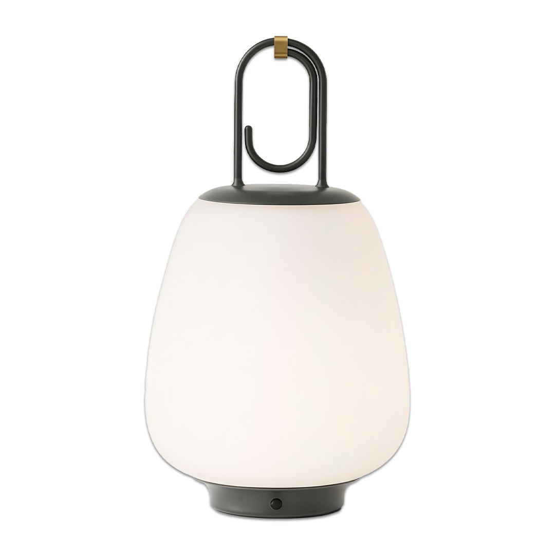 Contemporary outdoor wall lighting portable table lamp with teardrop frosted shade and contemporary black handle top