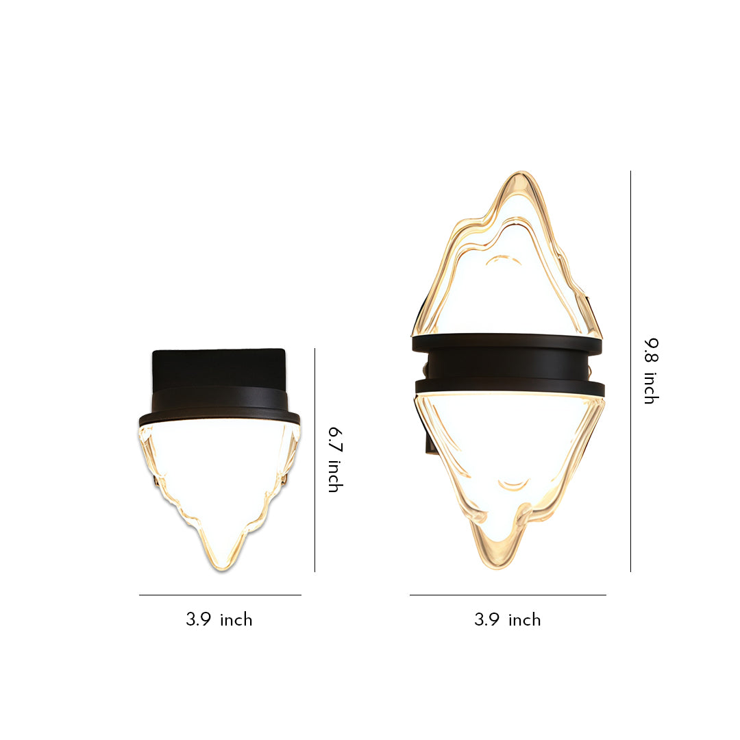 Contemporary outdoor wall lighting square wall sconces in two sizes with black caps and geometric diamond shape