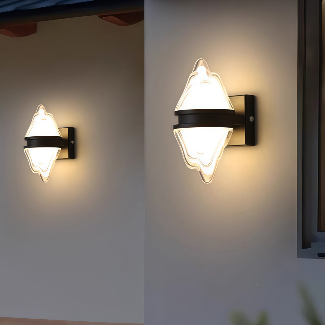 Contemporary outdoor wall lighting square wall sconce with dual diamond pattern on gray and brown architectural wall