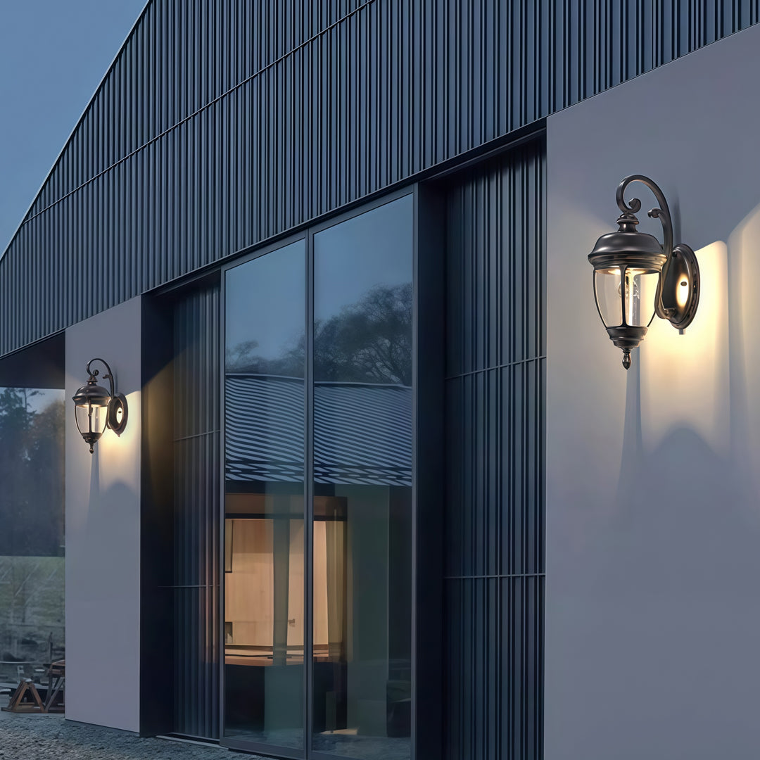Contemporary outdoor wall lighting vintage wall sconce lamp on dark contemporary siding beside modern window opening