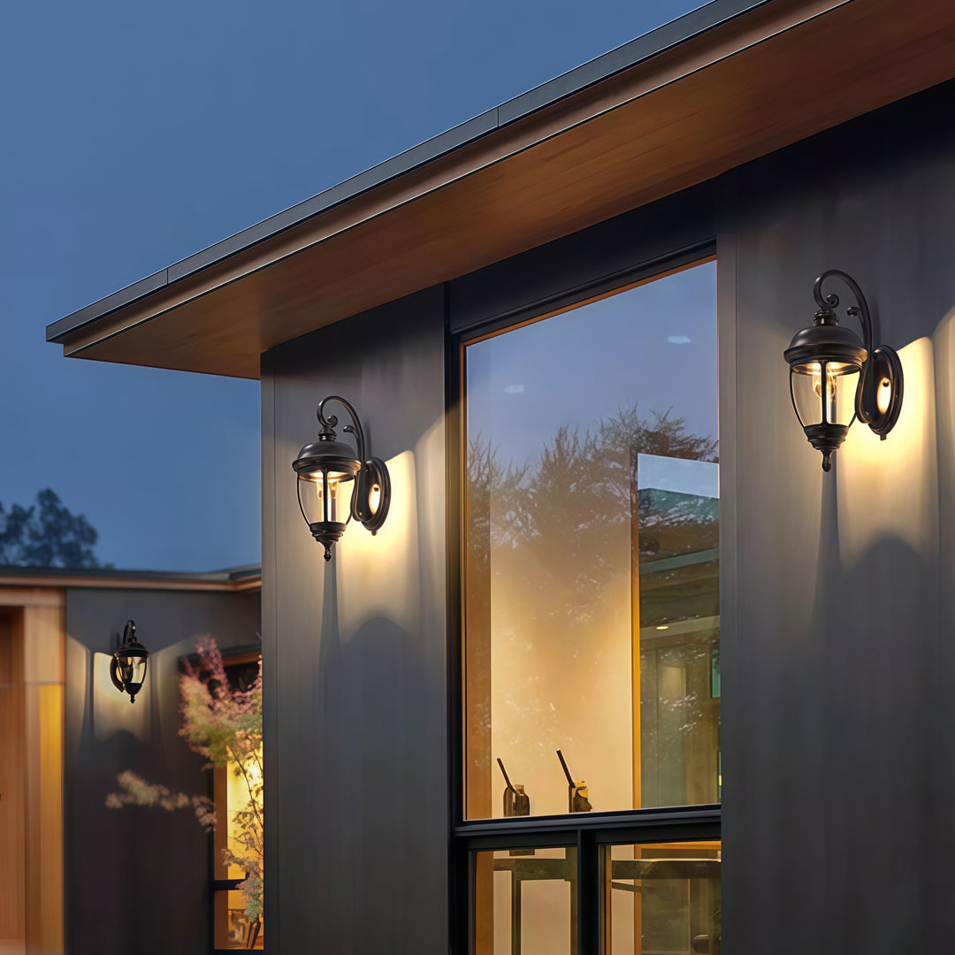 Contemporary outdoor wall lighting vintage wall sconce lamps creating warm ambiance on modern home exterior at dusk