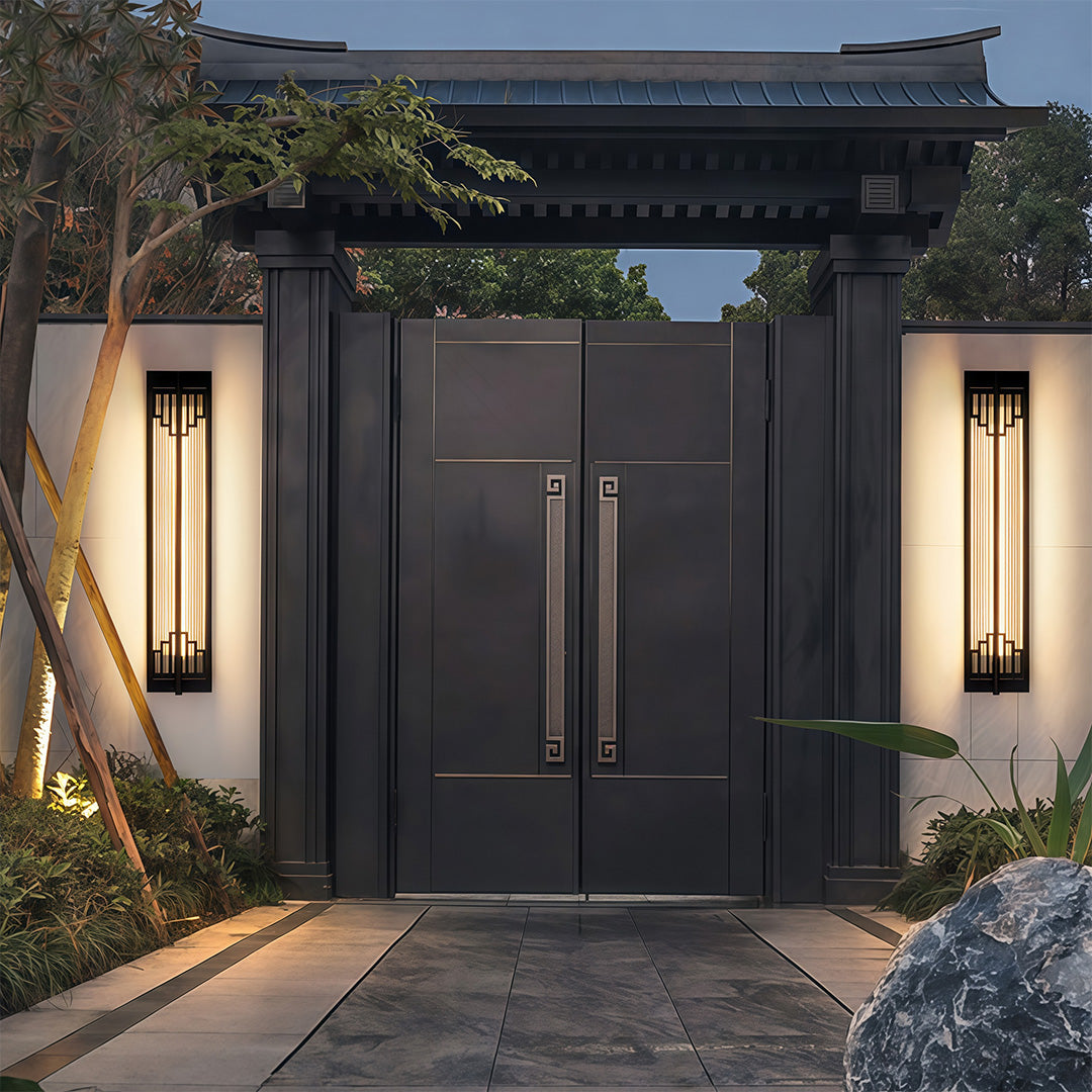 Outdoor wall mounted LED lights in a contemporary design, mounted on the wall of a garden for stylish illumination.