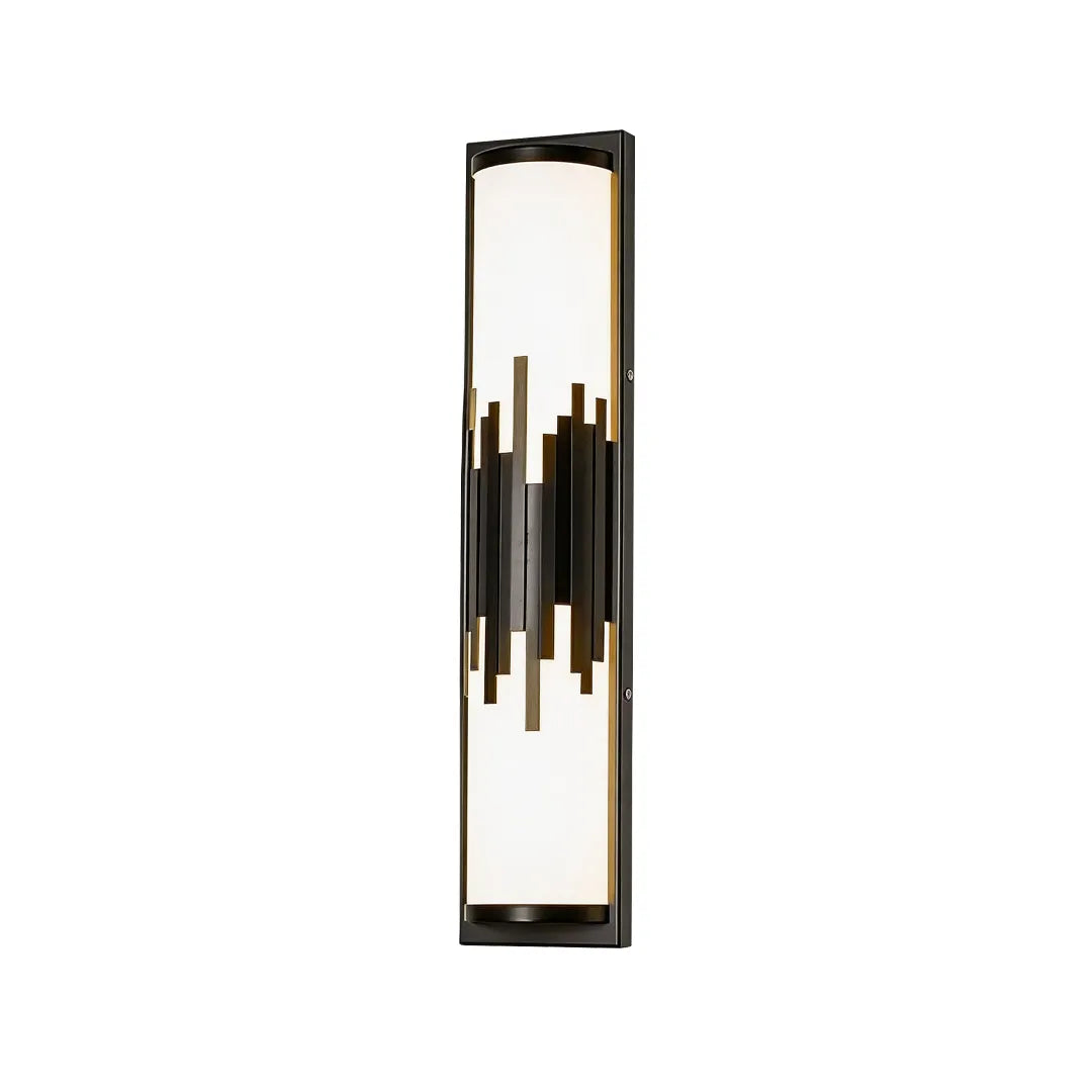 Contemporary outdoor wall sconce with black frame and geometric gold accents