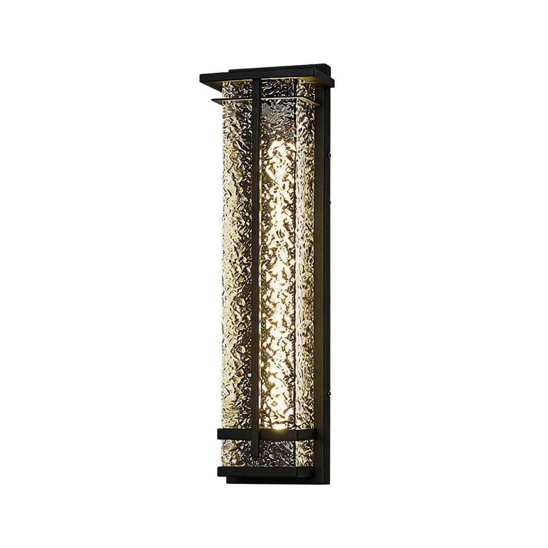 Contemporary outdoor wall sconce with black metal frame and textured glass