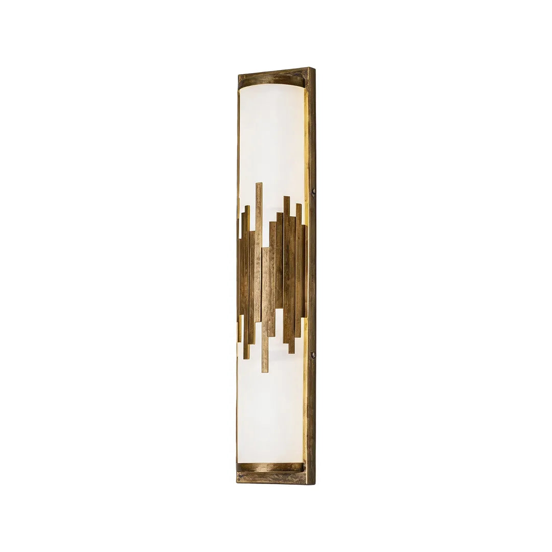 Contemporary outdoor wall sconce with brushed gold finish and warm lighting