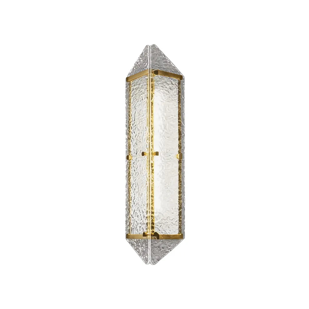 Contemporary outdoor wall sconce with clear textured glass and warm LED glow