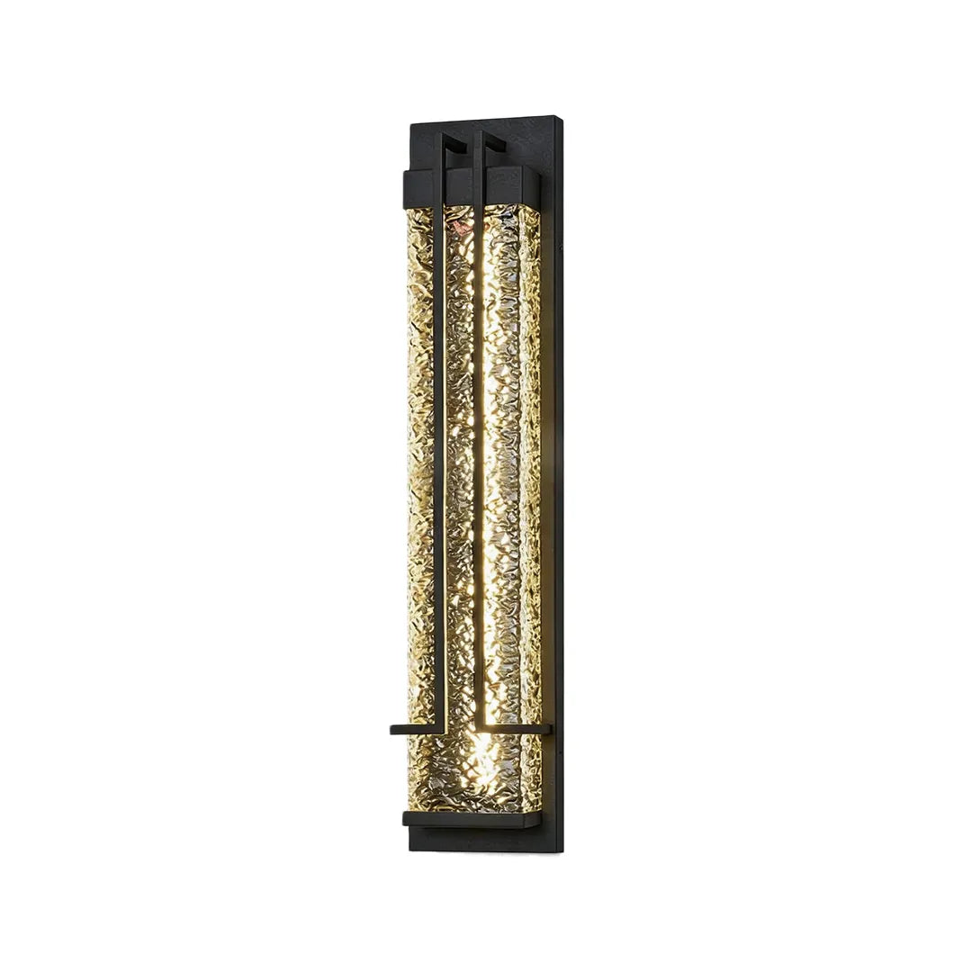 Contemporary outdoor wall sconce with black frame and decorative glass shade