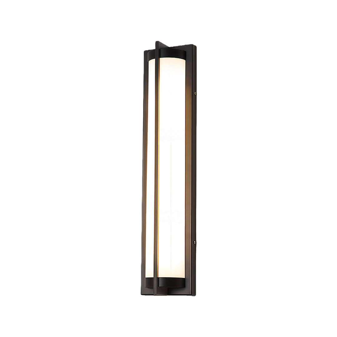 Contemporary outdoor wall sconces black with glass shade chandelier styling in medium vertical form with frosted glass panel.