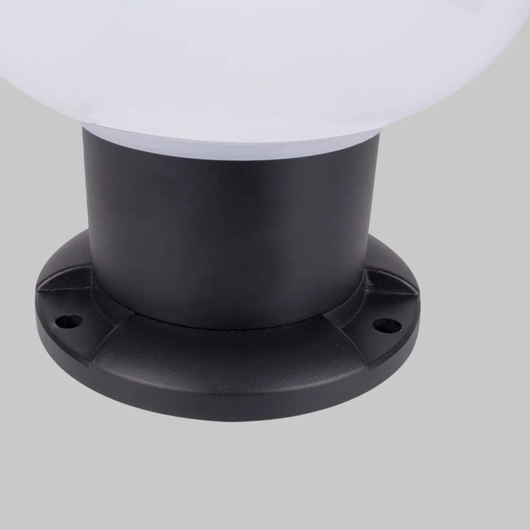 Close-up of the black mounting base and lower body of a contemporary pillar light.