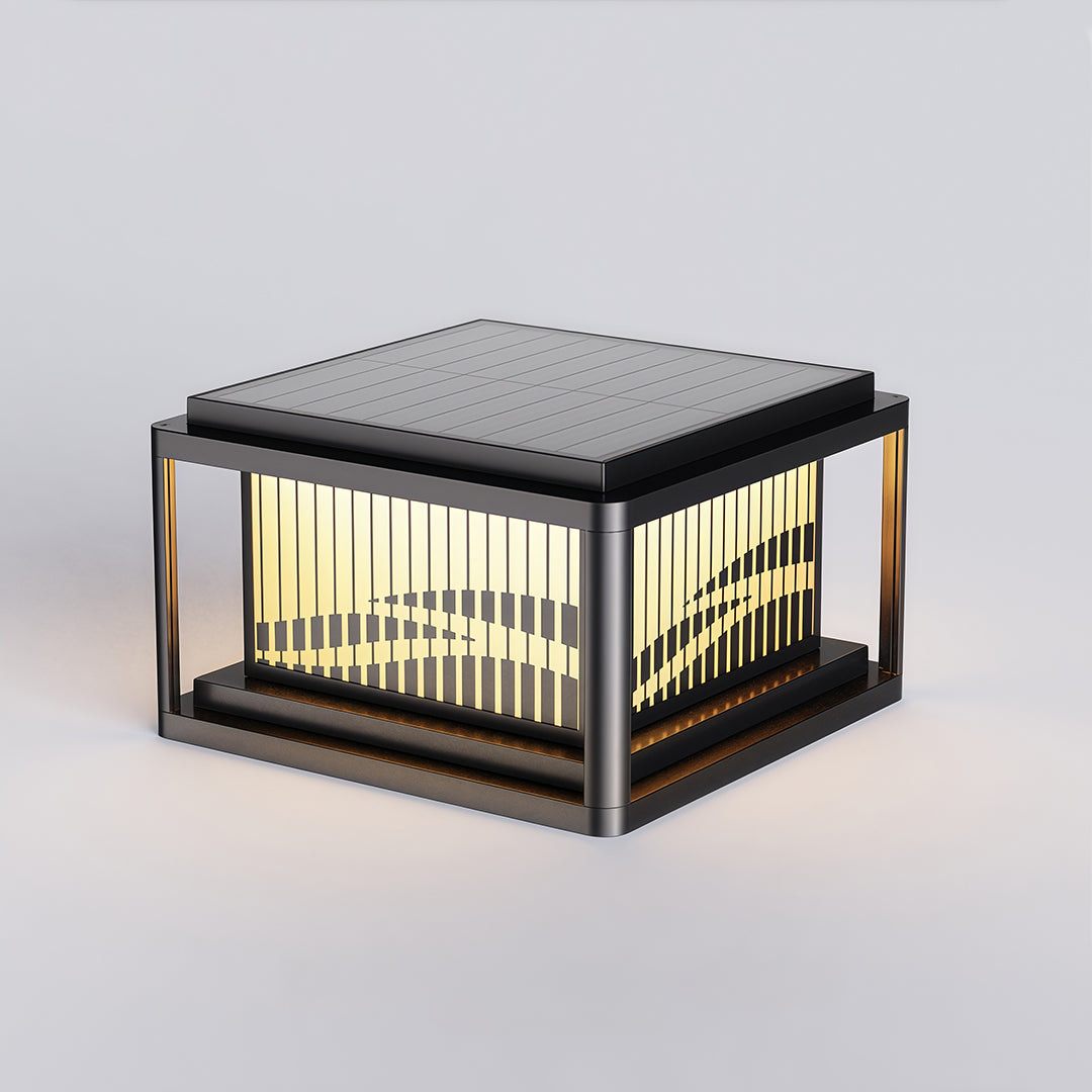 Contemporary pillar light displayed on white background showing detailed construction with warm LED illumination.