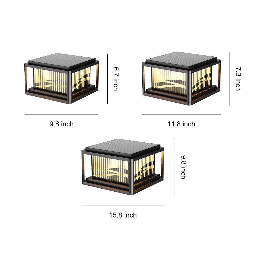 Contemporary pillar lights showing three different size options with dimension measurements on white background.