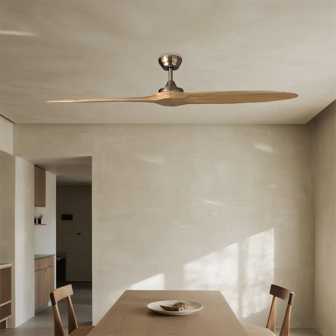 Contemporary wooden remote controlled ceiling fan in minimalist living space design